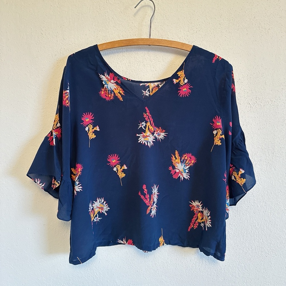 Madewell Silk ruffle-sleeve top in cactus flower.